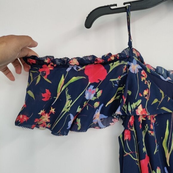 Parker Kam Silk Floral Cold Shoulder Tiered Midi Dress Asymmetrical Small Women - Picture 7 of 16